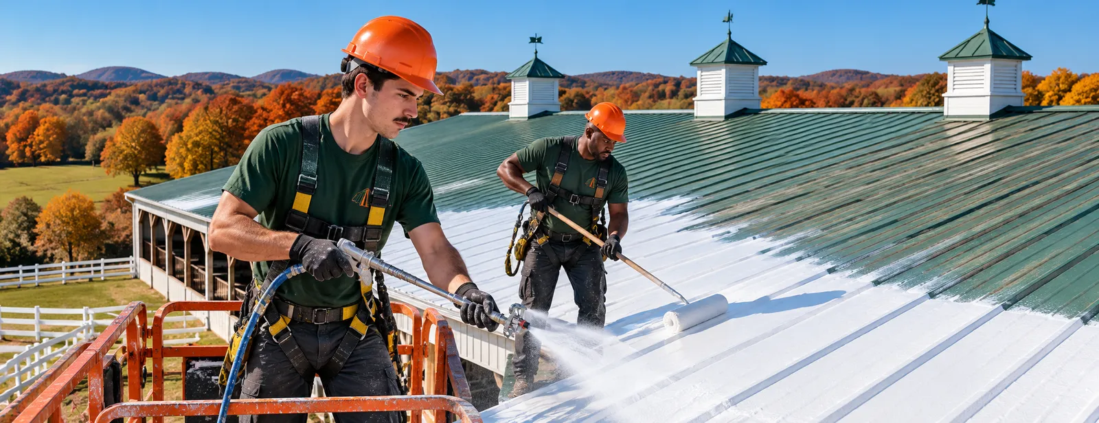 Roof crew applying coating to a commercial metal roof