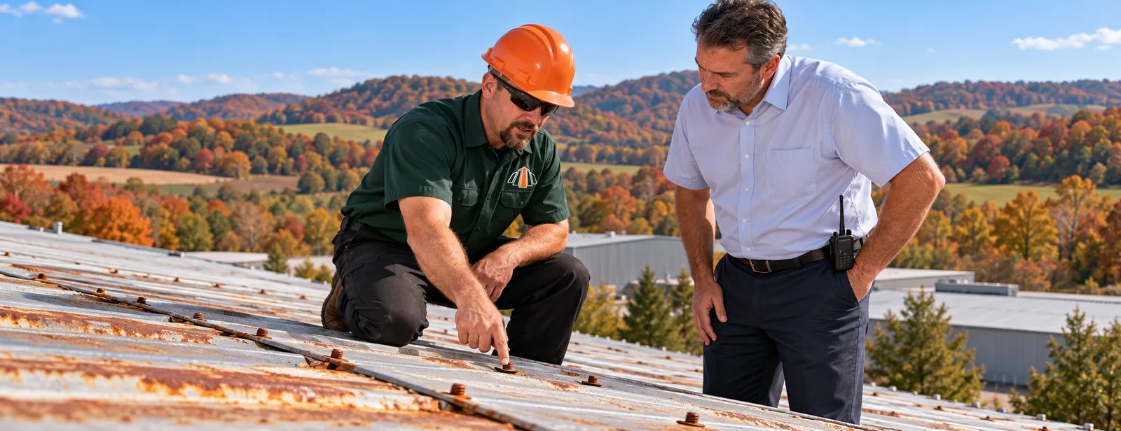 Roofer inspecting a commercial metal roof before coating