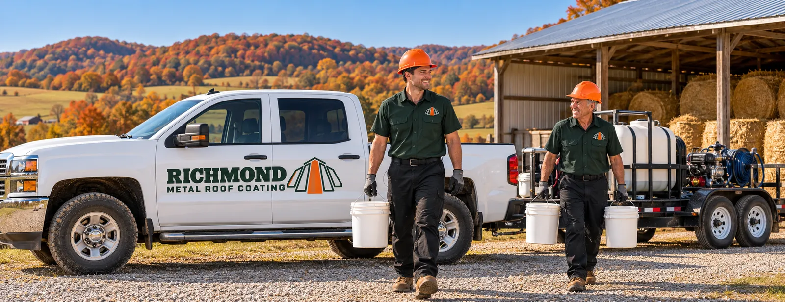 Roof coating work truck parked beside a commercial building