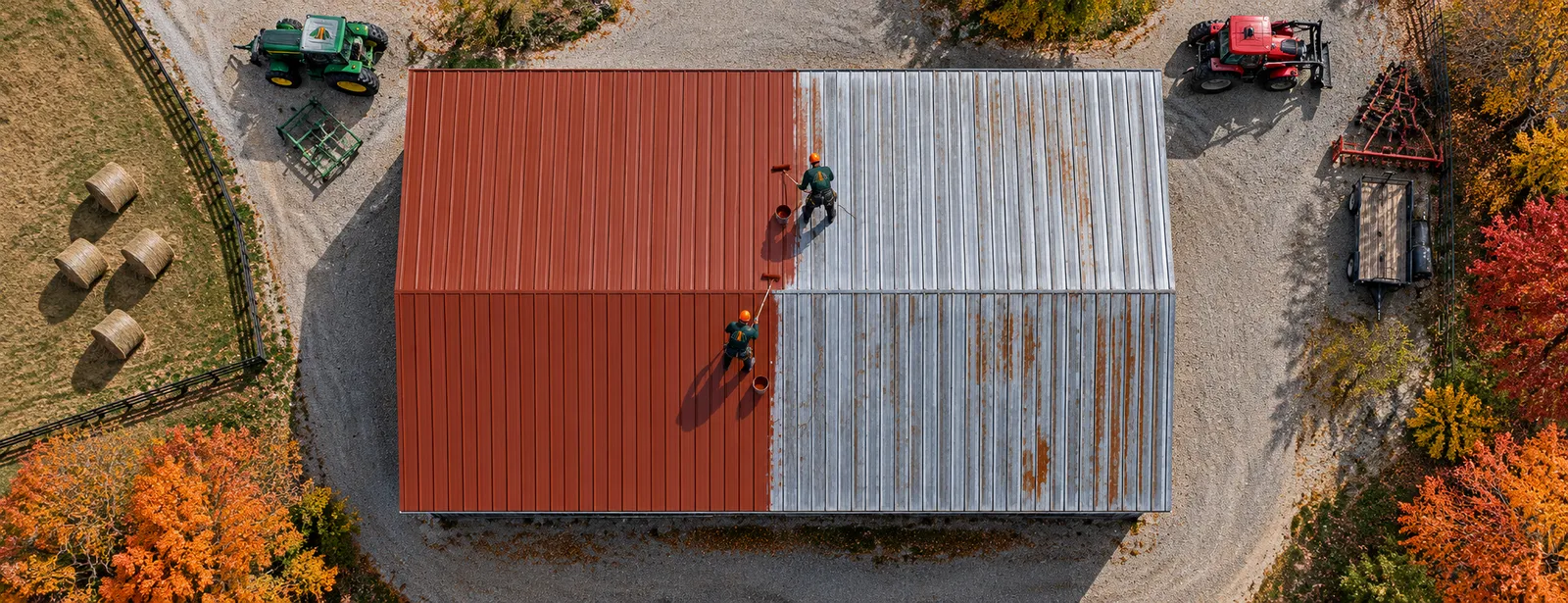 Aerial view of a metal barn roof
