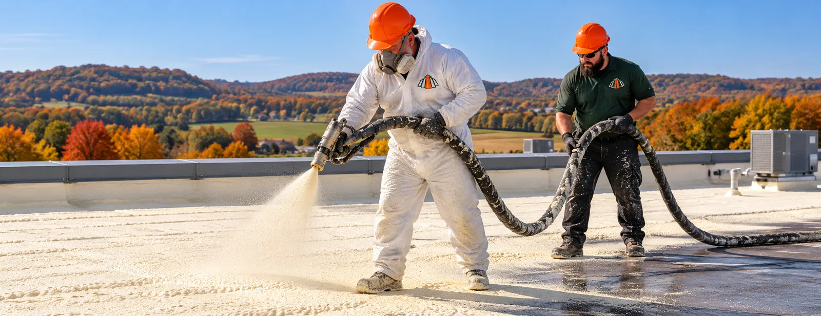 Crew spraying foam on a commercial roof